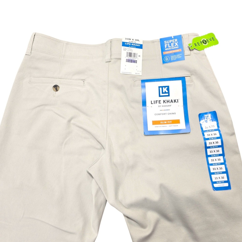 Haggar Life Khaki Pants Mens 33x30 Putty Beige Cotton Slim Fit Stretch Chino NEW - Picture 3 of 9